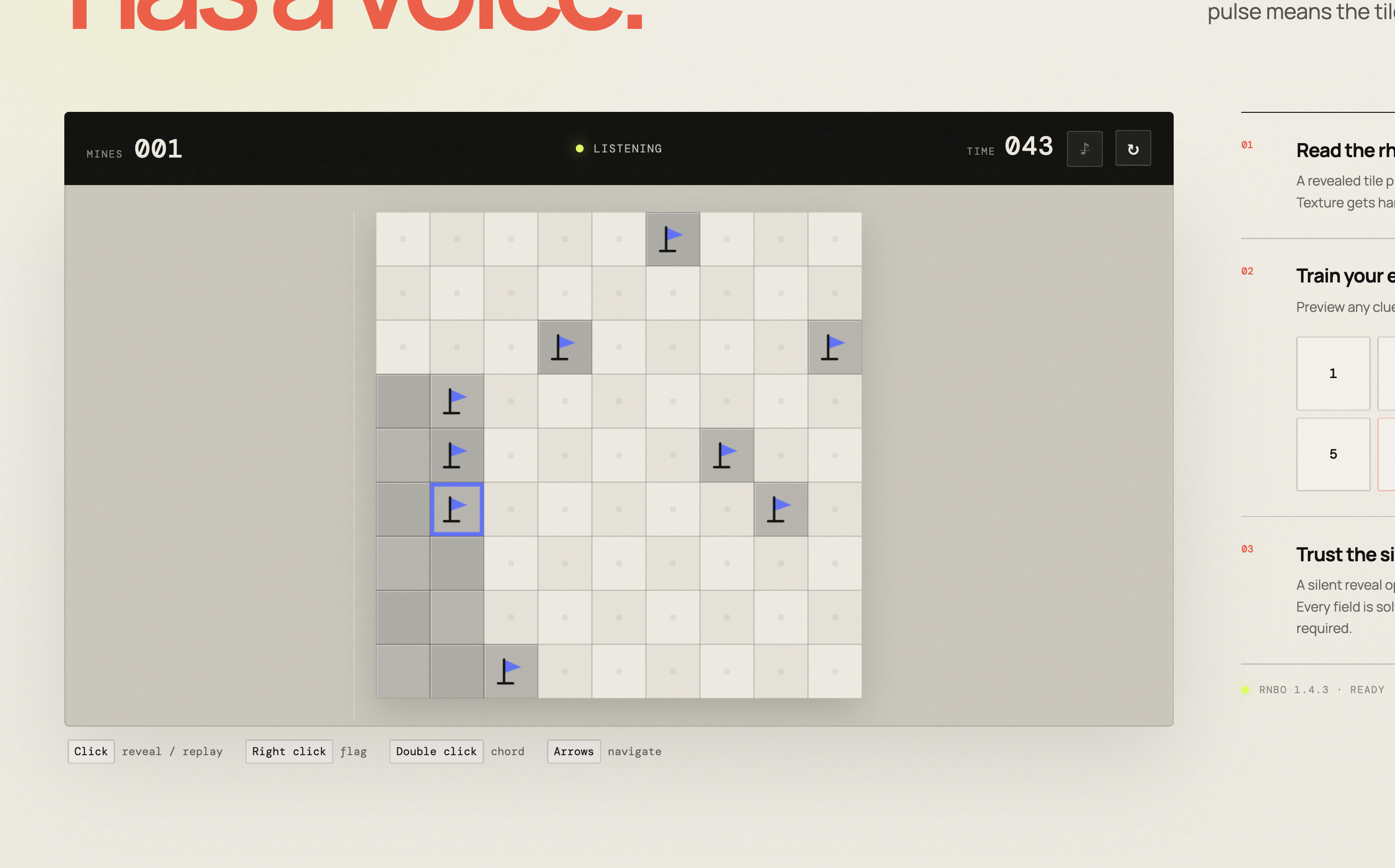 Minescreamer board showing flagged tiles, the listening state, and audio clue controls.