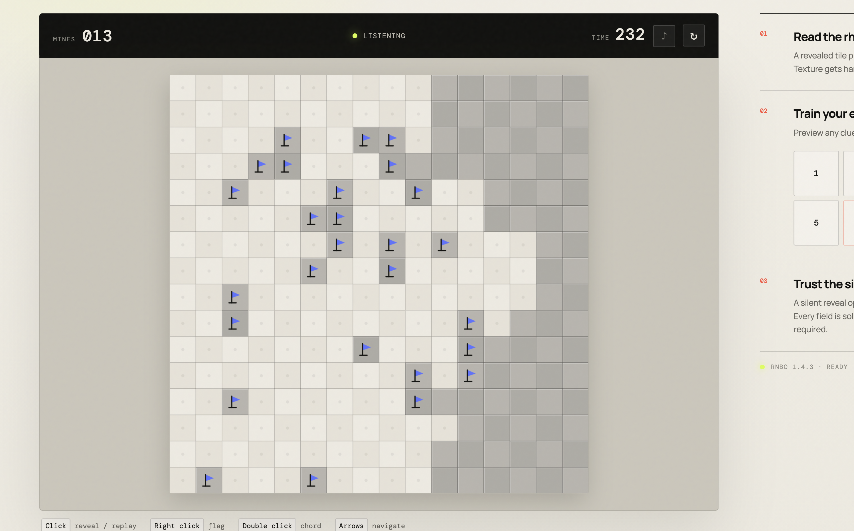 Minescreamer board with revealed tiles, flagged mines, timer, and clue training panel.