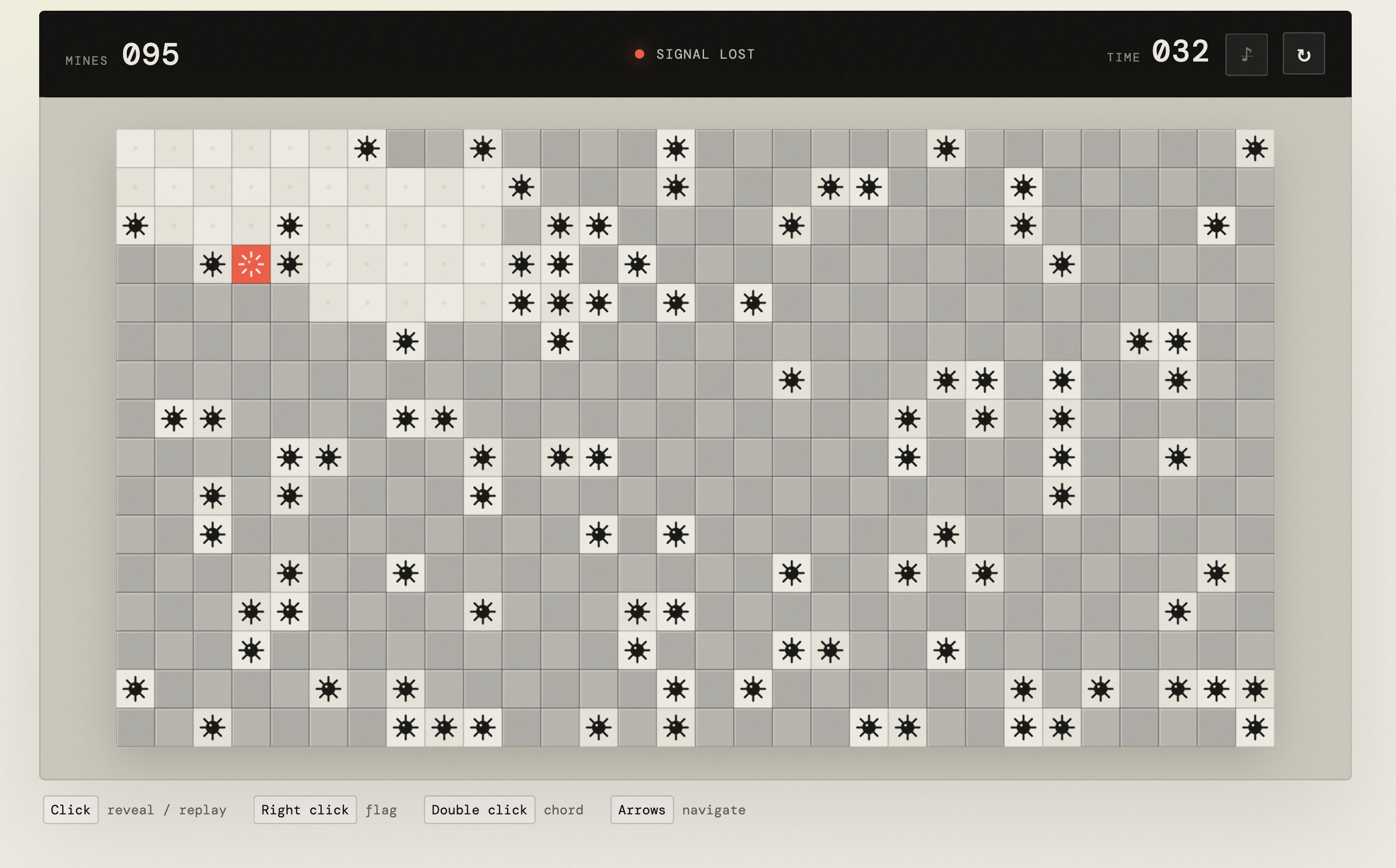 Minescreamer hard-mode board after signal loss with mines revealed across the grid.