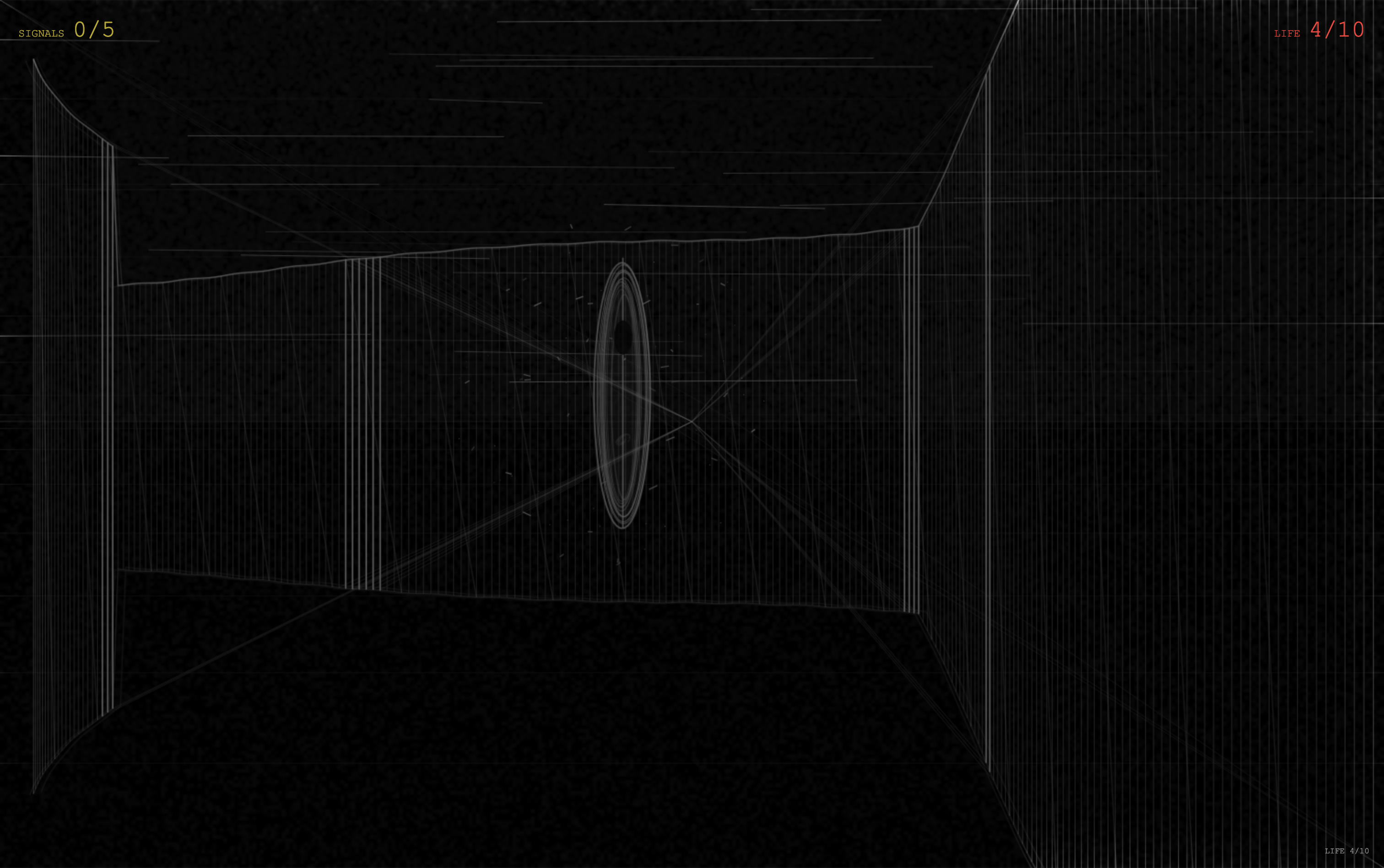 No Input Maze wireframe corridor with signal counter and life meter visible.