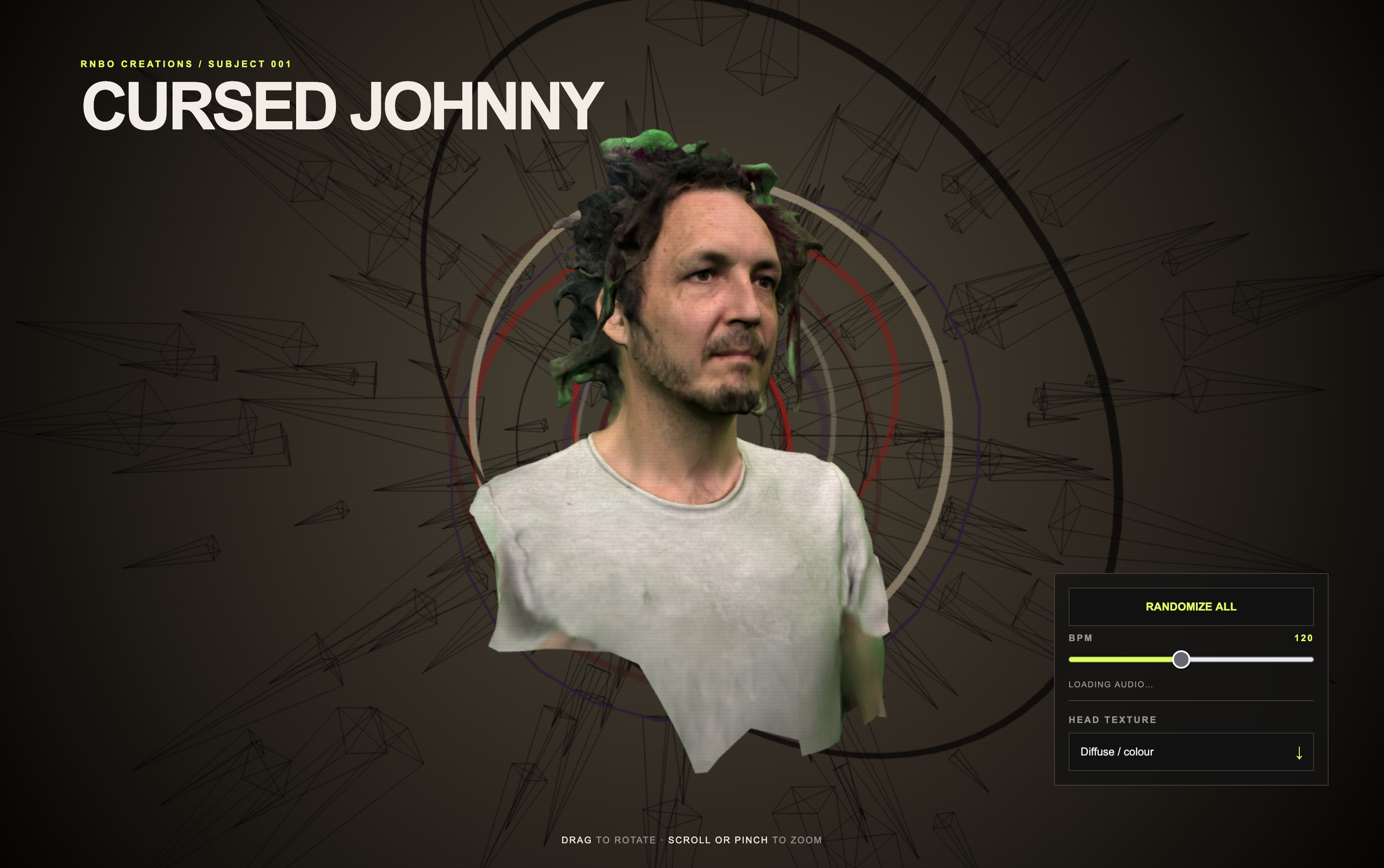 Cursed Johnny interface with a 3D scanned head, reactive wireframe forms, and randomization controls.