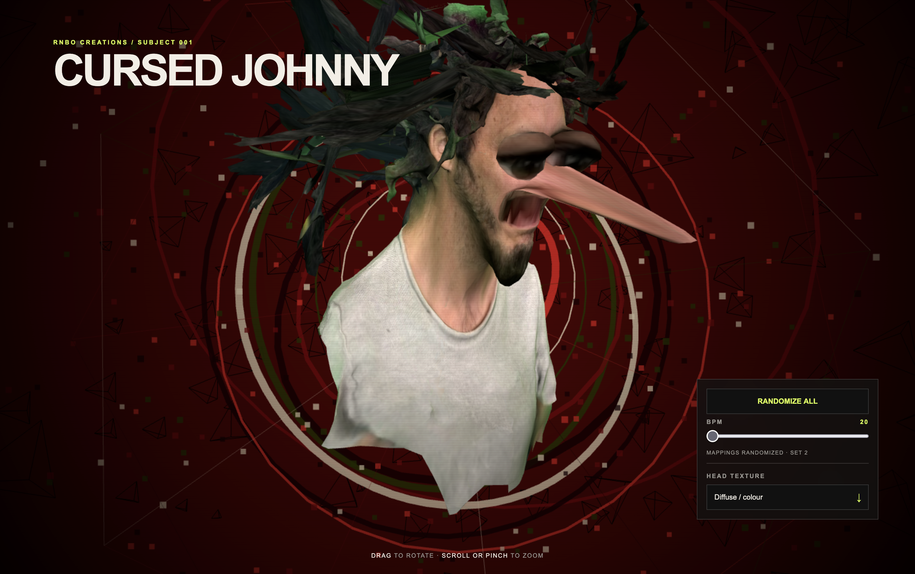 Cursed Johnny showing a distorted 3D head against a red generative visual field.