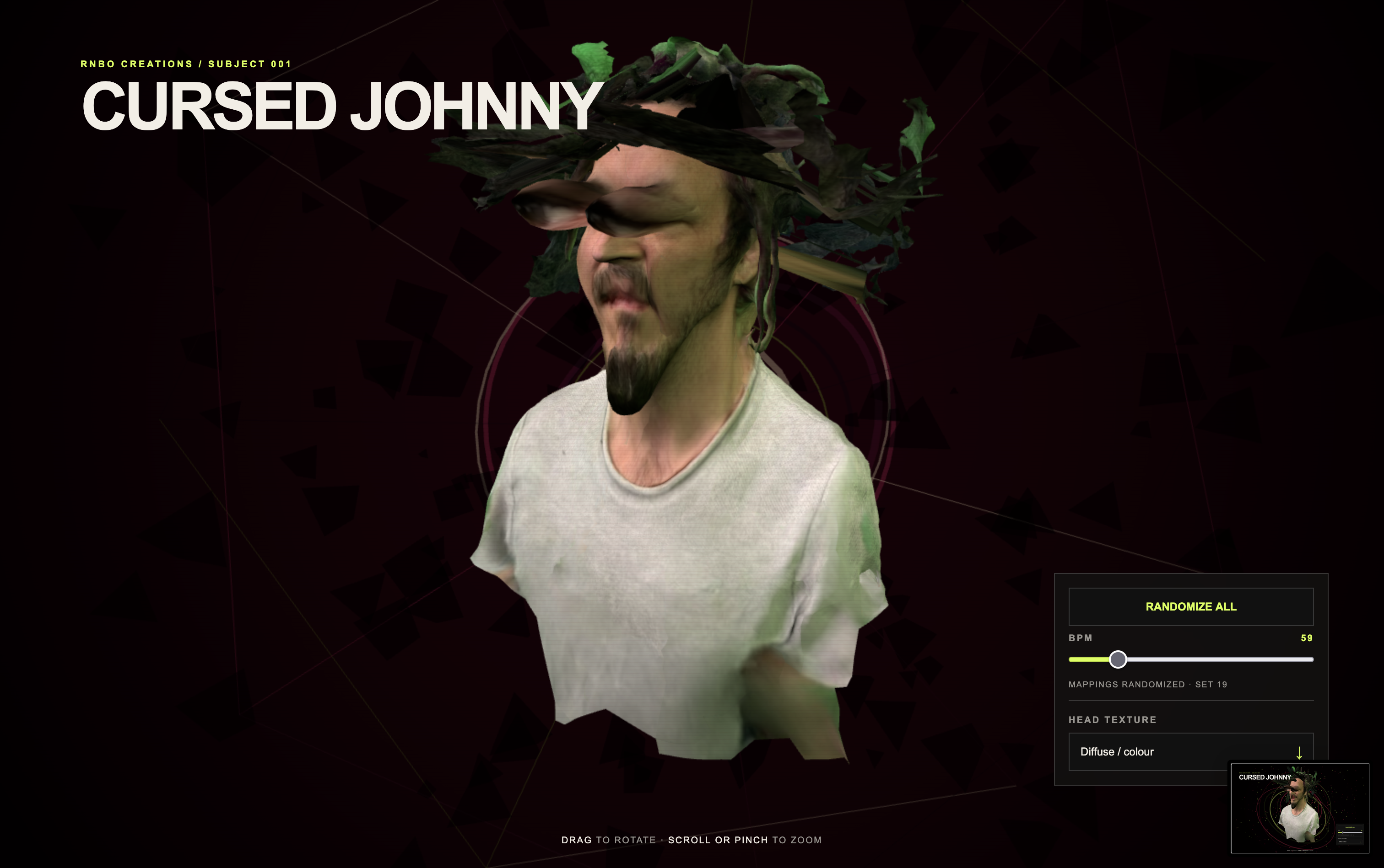 Cursed Johnny close view of a mutated head with BPM and head texture controls.