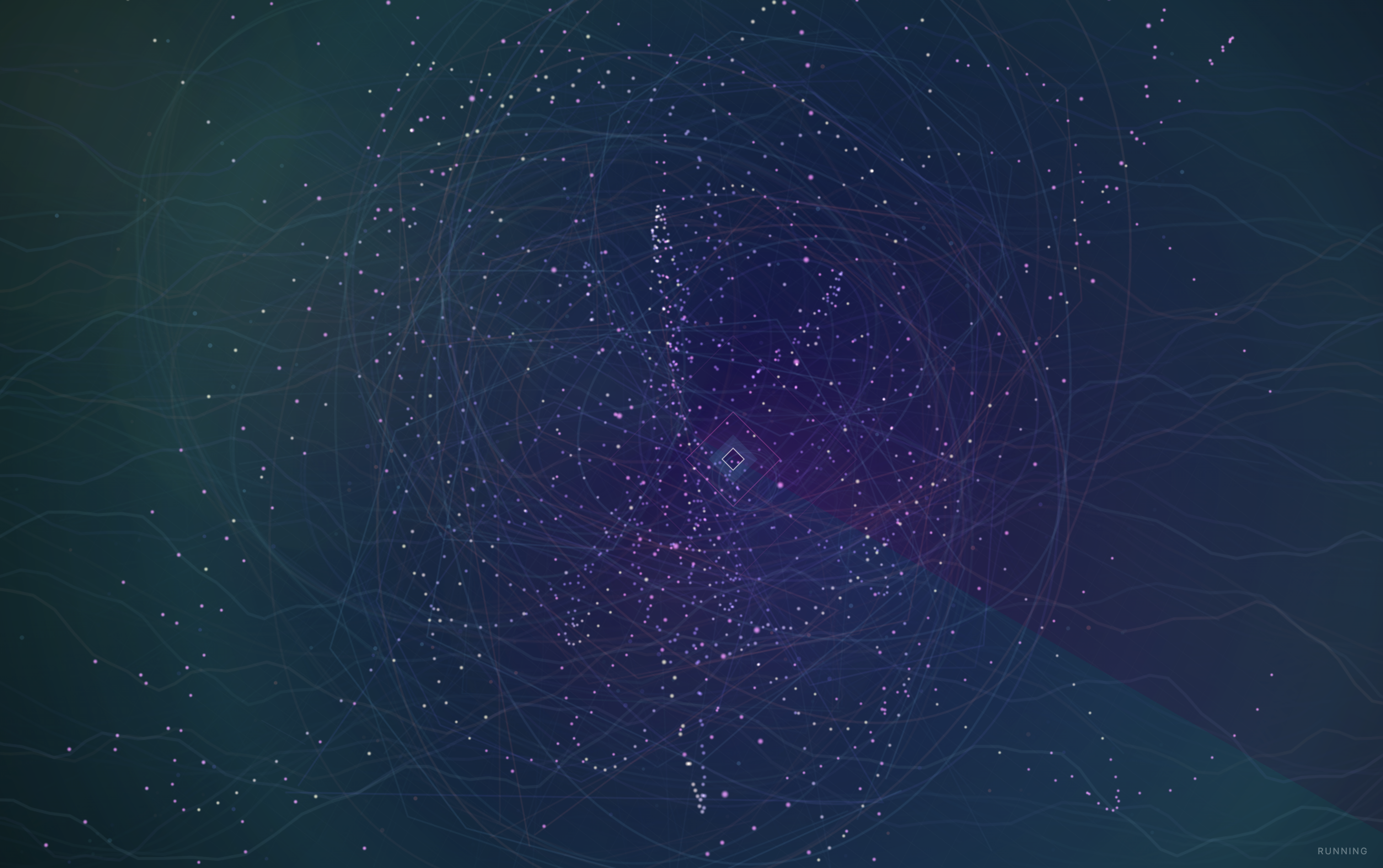 DroneStation generative visual field with layered trails and glowing particles.