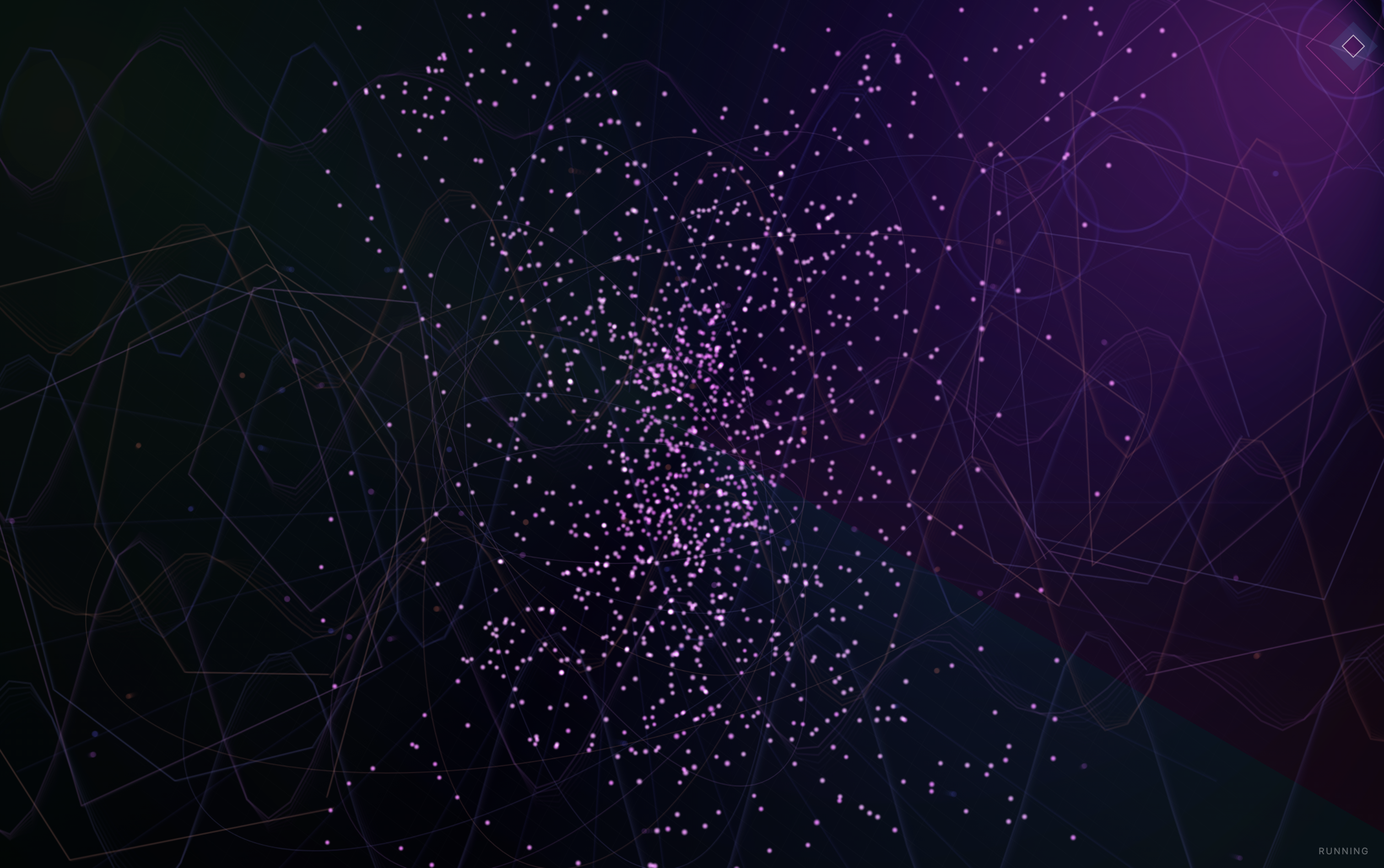 DroneStation generative visual state with abstract particles and echo trails.