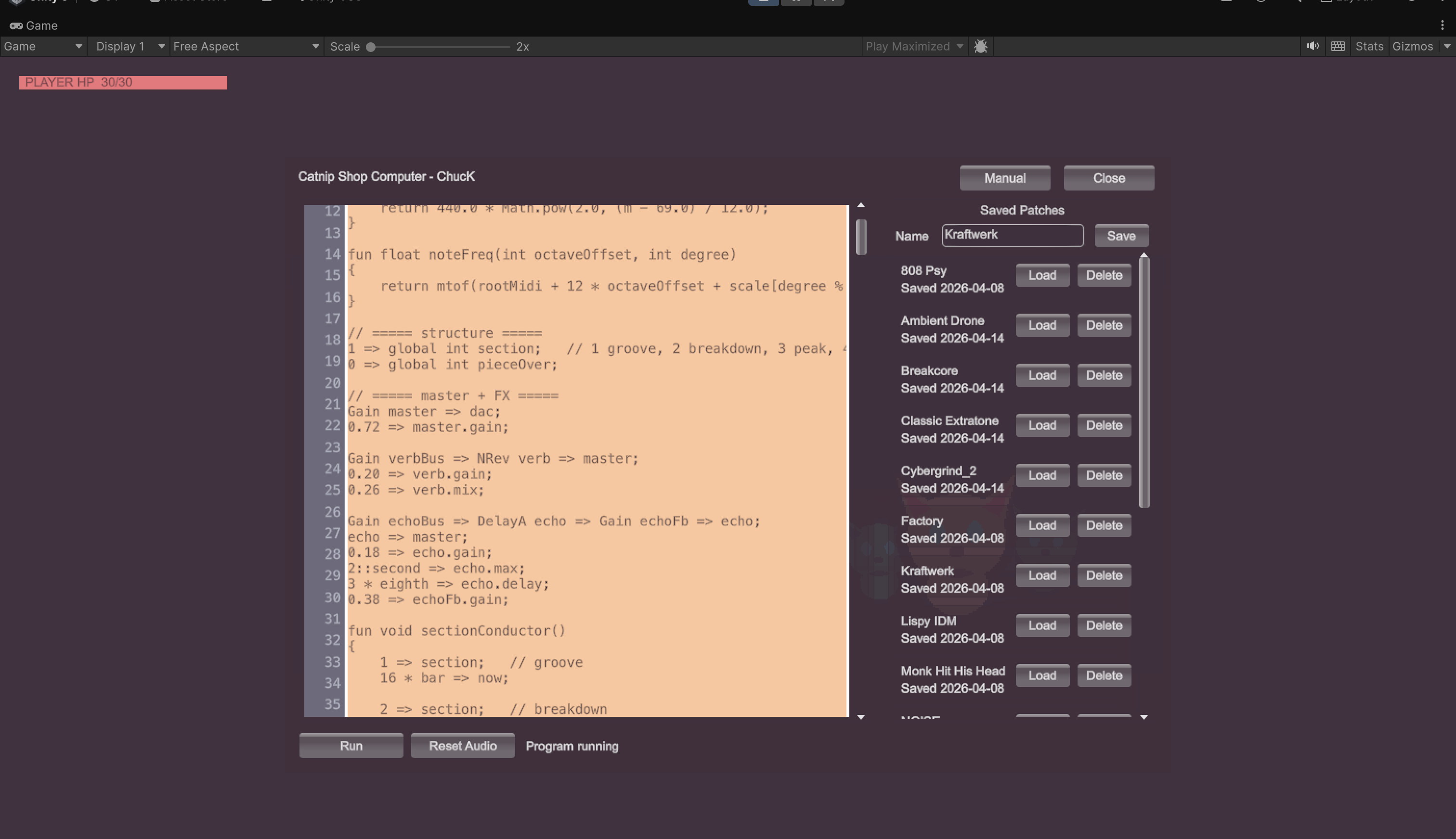 Musical Village in-game ChucK live-coding computer with patch text and executable code controls.