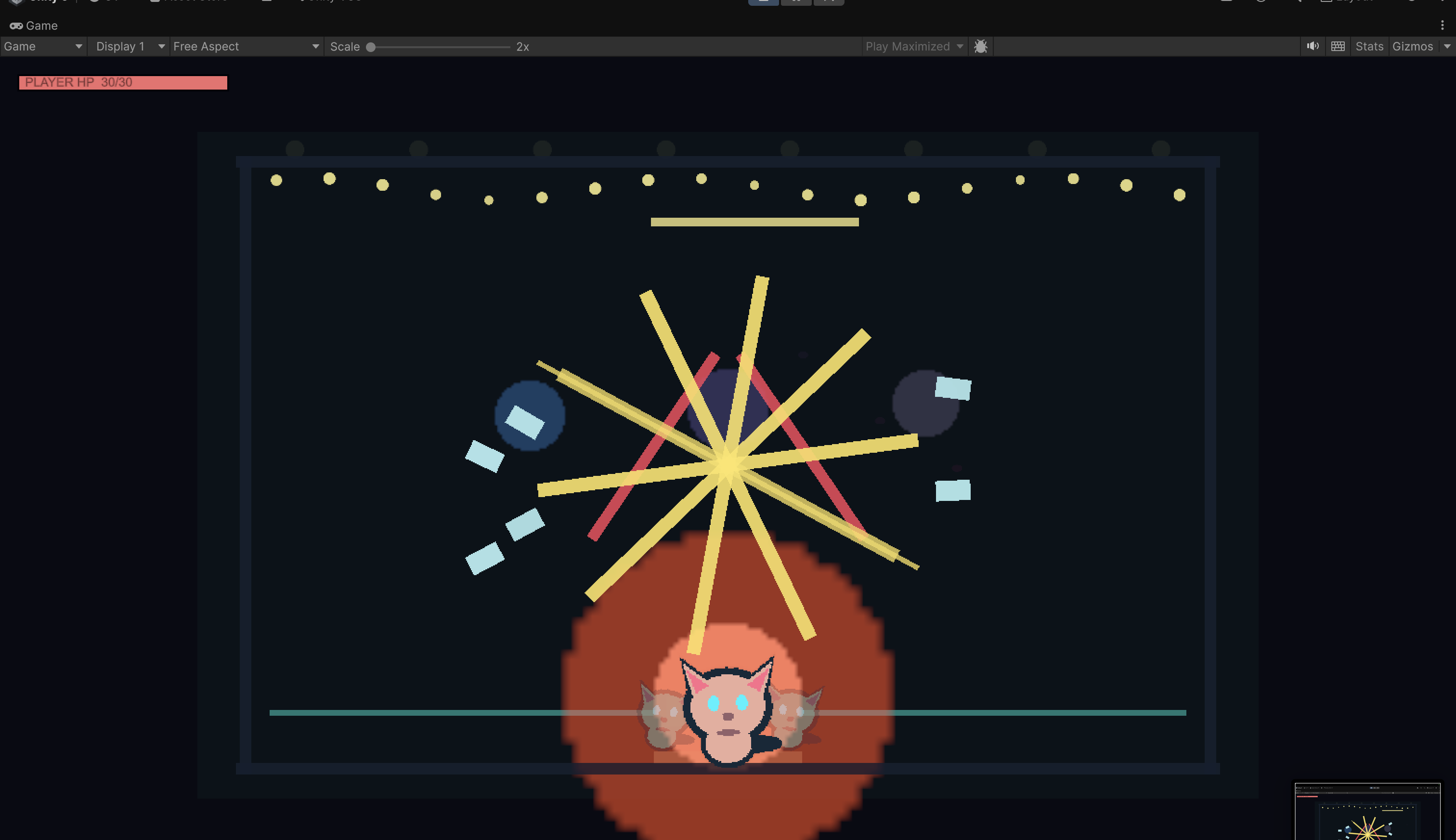 Musical Village combat scene with the cat player, enemies, projectiles, and procedural audio interface elements.