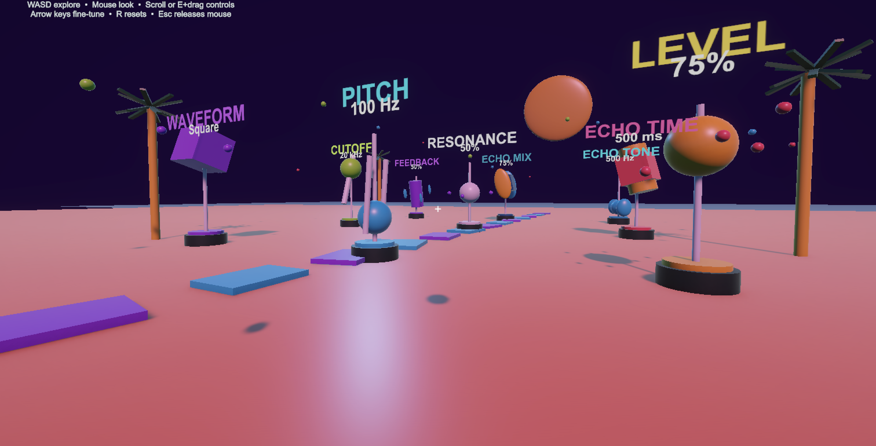 Synthesis Beach first-person synth environment with waveform, pitch, level, cutoff, resonance, and echo controls arranged across a stylized beach.