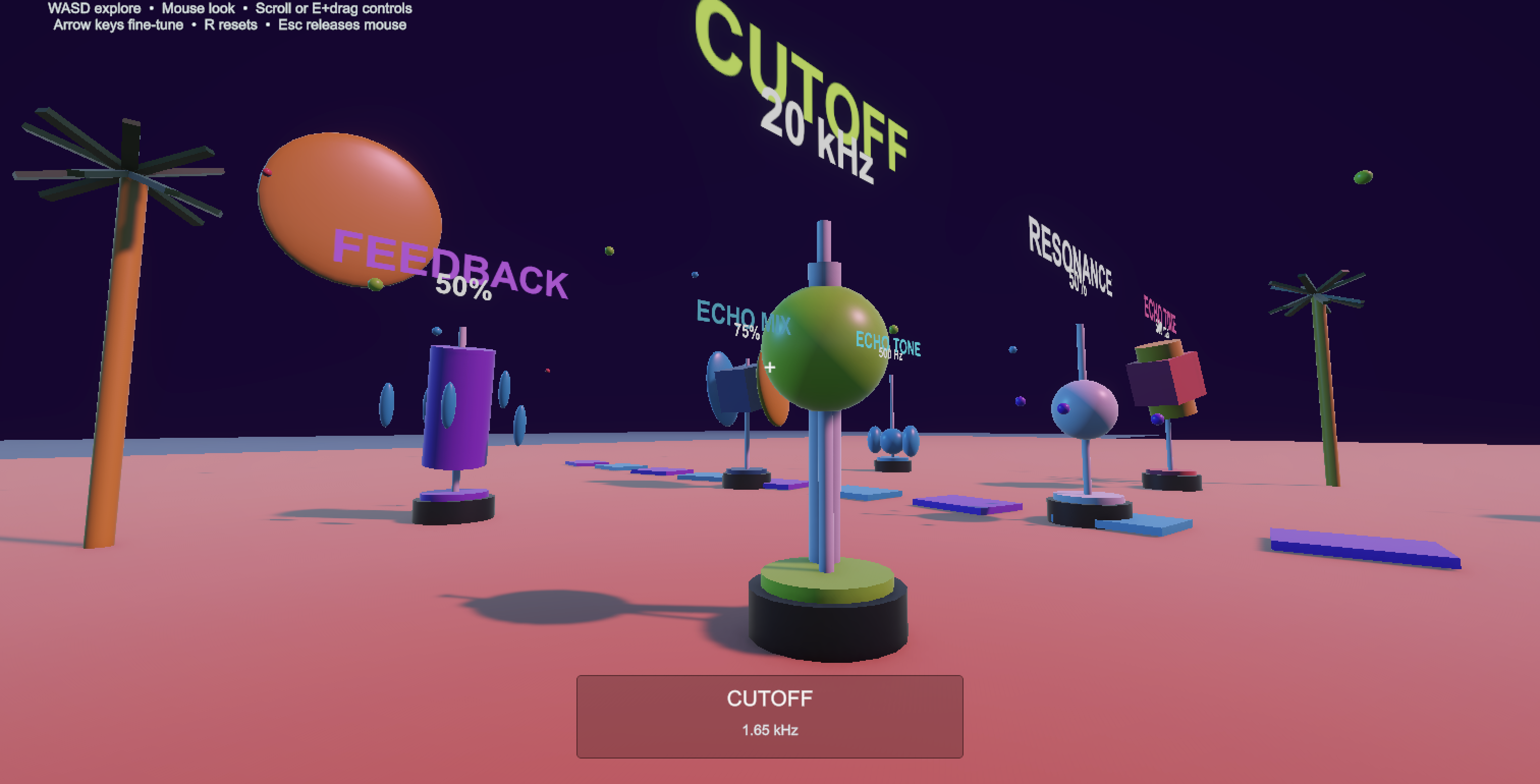 Synthesis Beach close view of cutoff, feedback, resonance, and echo control objects in the Unity scene.