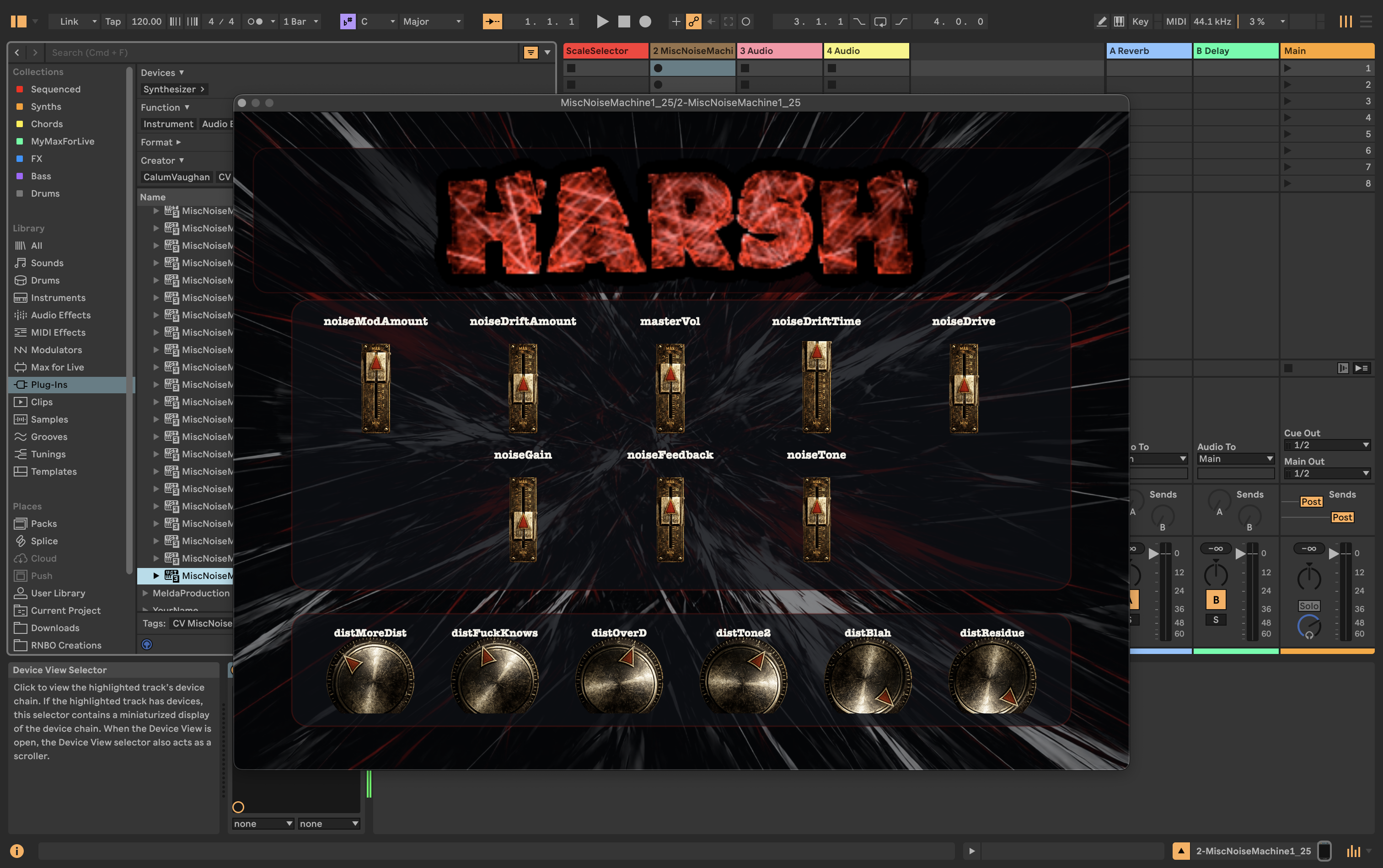 HARSH plugin interface open inside Ableton Live with faders, controls, and red noise artwork.