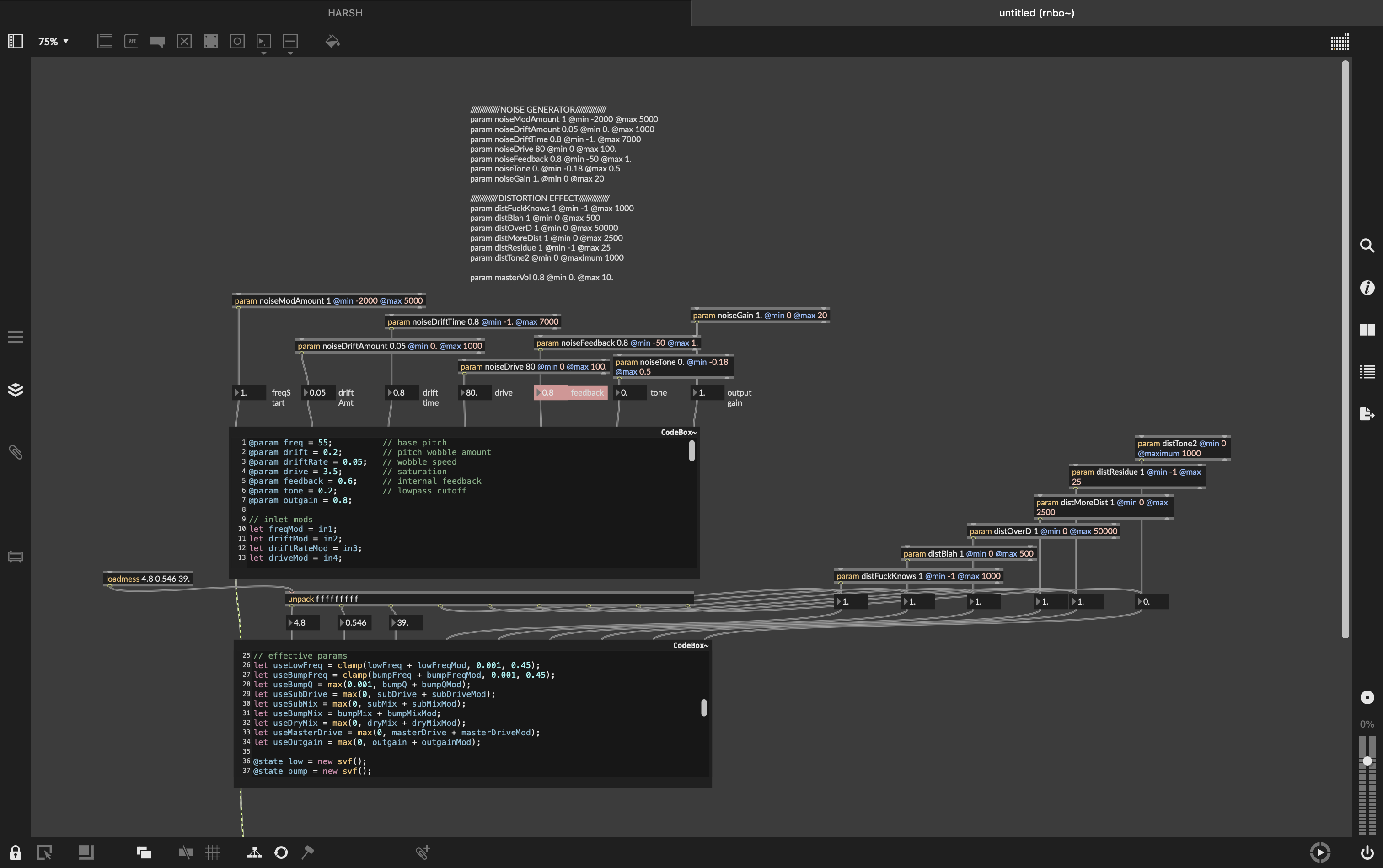 HARSH RNBO patch showing genexpr parameters and code boxes for the noise engine.