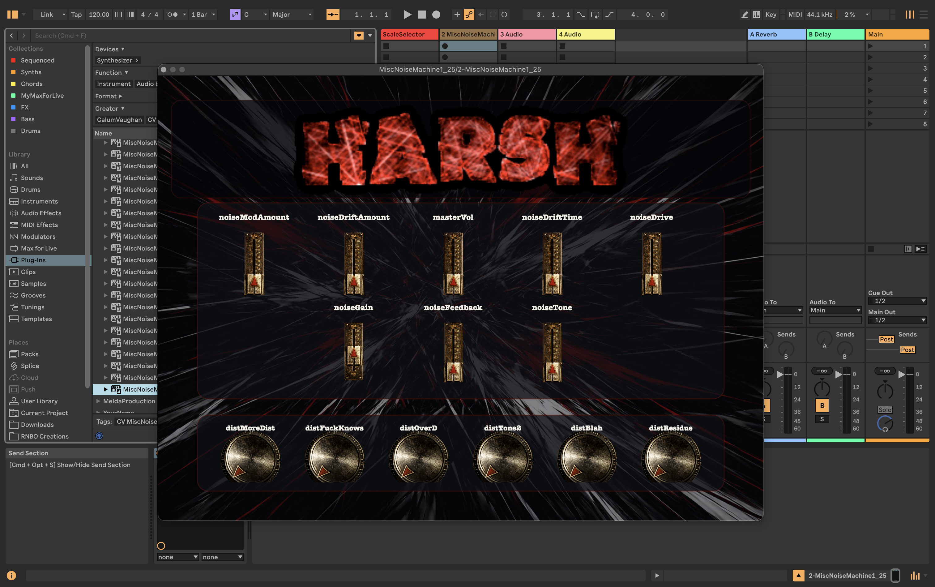 HARSH plugin interface in Ableton Live with faders and rotary distortion controls visible.